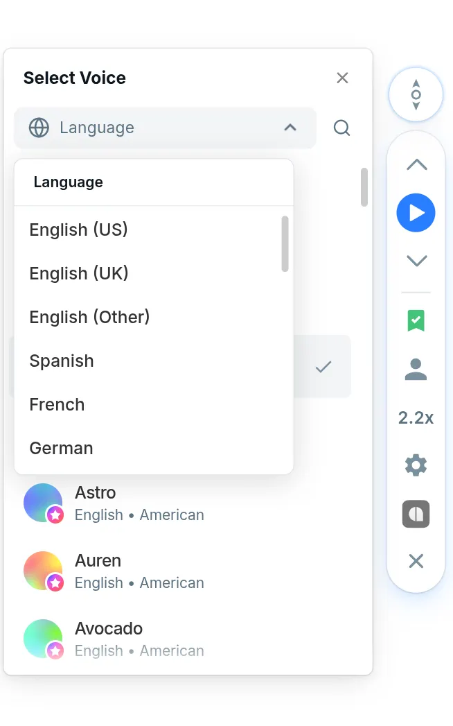 The Audeus Firefox Extension sidebar player active on a webpage with word-by-word text highlighting